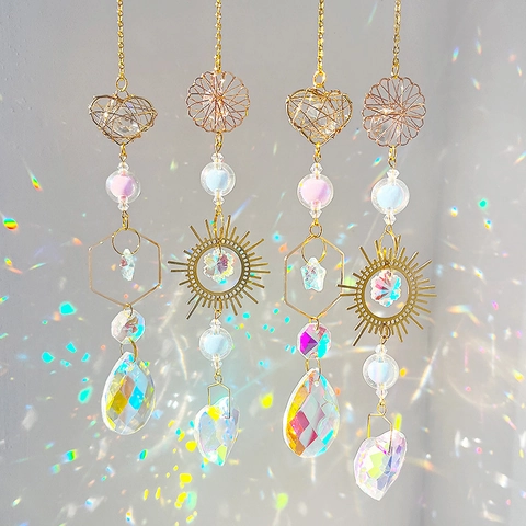 Suncatcher Crystal Hanging Ornament Rainbow Maker Golden Metal Star Heart Shape Prism Window Garden Decor Vintage Aesthetic