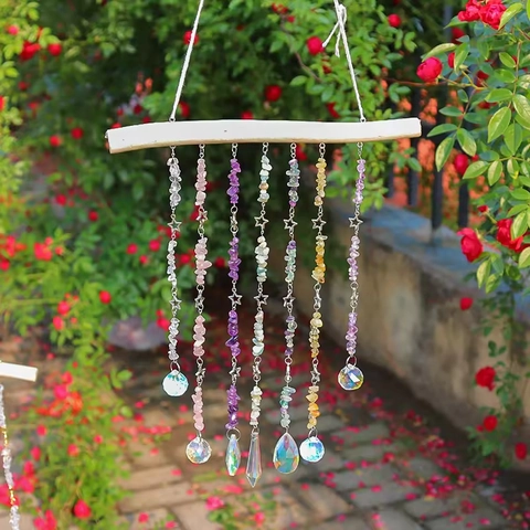 Natural Crystal Stone Suncatcher Hanging Wall Decor With Wood Stick And K9 Prism Bohemian Home Ornament Rainbow Maker