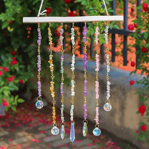 Natural Crystal Stone Suncatcher Hanging Wall Decor With Wood Stick And K9 Prism Bohemian Home Ornament Rainbow Maker