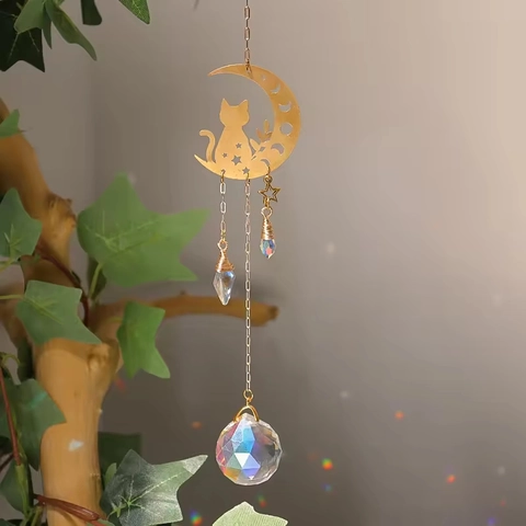 Crystal Suncatcher Moon Cat Hanging Pendant Gold Metal Prism Rainbow Maker For Home Garden Window Decoration