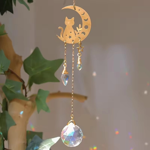 Crystal Suncatcher Moon Cat Hanging Pendant Gold Metal Prism Rainbow Maker For Home Garden Window Decoration