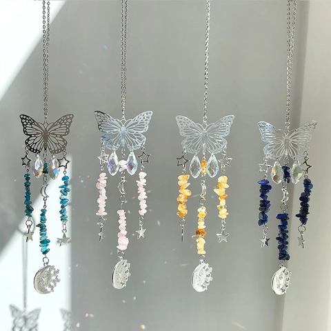 Suncatcher in Cristallo a Forma di Farfalla Fatto a Mano Ornamento da Appendere Luna Stella Sole Pietra Naturale Prisma