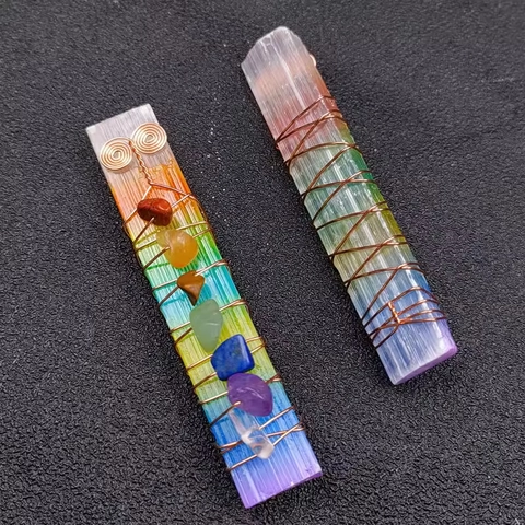 Rainbow Chakra Healing Crystals Selenite Wand Copper Wire Wrapped Handmade Spiritual Stones For Meditation Home Office Decor