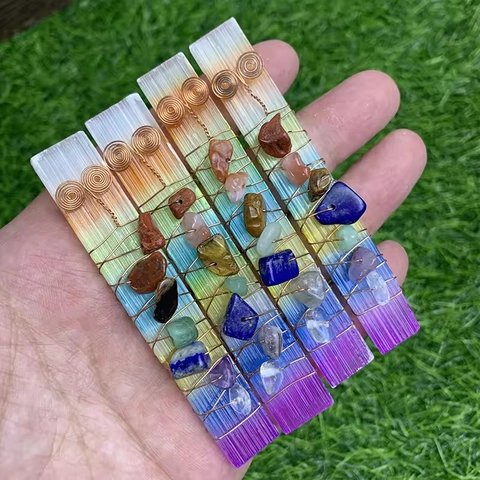 Rainbow Chakra Healing Crystals Selenite Wand Copper Wire Wrapped Handmade Spiritual Stones For Meditation Home Office Decor