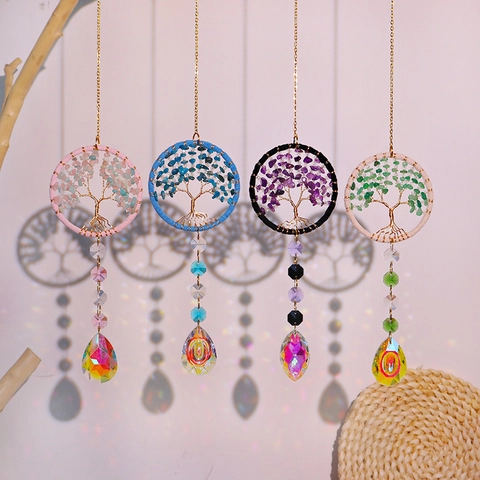 Handmade Tree Of Life Crystal Sun Catcher Hanging Ornament Natural Stone Chips Rainbow Maker Prism For Home Car Decor
