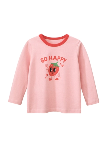 Maglietta da Bambina a Maniche Lunghe con Fragola in Cartone Animato 100% Cotone Girocollo a Contrasto Autunno Primavera