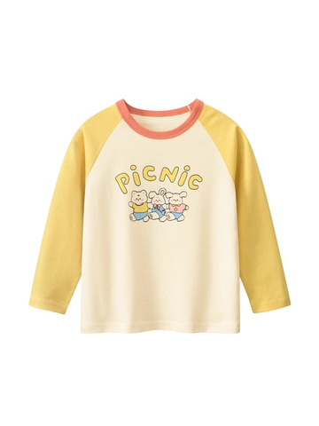 Kids 100% Cotton Long Sleeve T-Shirt Raglan Sleeve Cartoon Picnic Printed Contrast Color Autumn Casual Top For Boys Girls