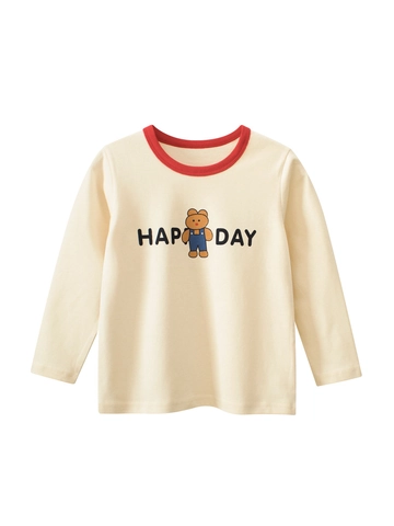 Maglietta A Maniche Lunghe Da Ragazza In Cotone Girocollo A Contrasto Stampa Orso Cartone Animato Happy Day Top Autunnale