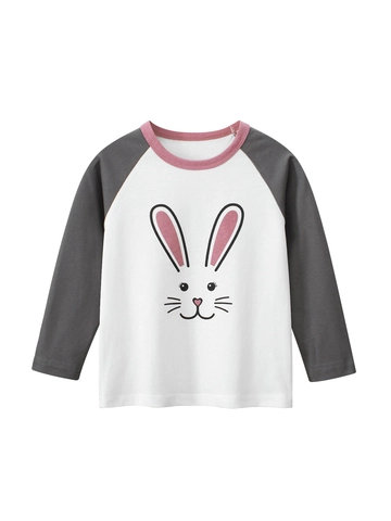 Camiseta de Manga Larga Raglán de 100% Algodón para Niñas Pequeñas Estampado Conejo Animado Color de Contraste Top Casual Coreano
