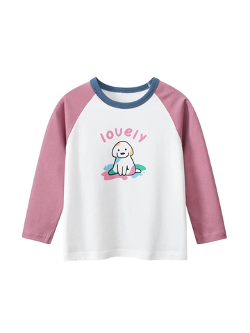 Mädchen Langarm T-Shirt Aus Reiner Baumwolle Raglanärmel Cartoon Hundedruck Kontrastfarben Rundhals Casual Herbst Oberteil