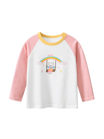 Camiseta De Algodón De Manga Larga Para Niñas Estampado De Oso Dibujos Animados Raglán Color En Contraste Top Otoño