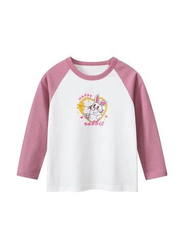 Girls Long Sleeve T-Shirt 100% Cotton Raglan Sleeve Cartoon Rabbit Print Casual Autumn Pullover Soft Breathable Top