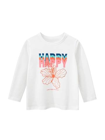 Maglietta a Maniche Lunghe in Cotone per Ragazze con Stampa Happy Lettere Fiori Top Girocollo Casual per Autunno Primavera