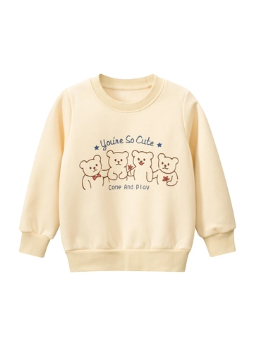 Sweat-shirt Fille Mélange Coton Doublé Polaire Imprimé Ours Dessin Animé Col Rond Manches Longues Pull Pour Enfants