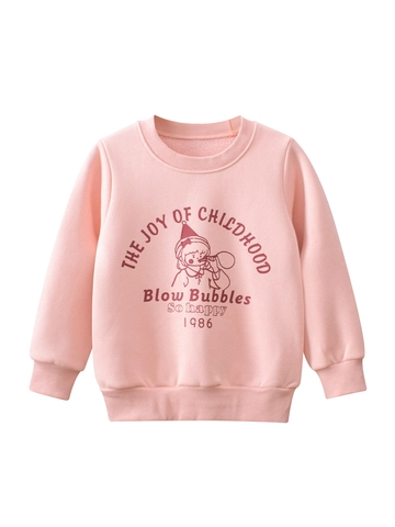 Sweatshirt Pull Fille Mélange Coton Doublé Polaire Manches Longues Col Rond Imprimé Dessin Animé Haut Rose