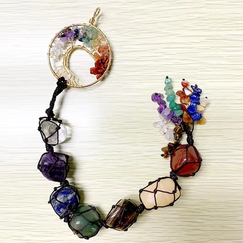 Handmade 7 Chakra Tree Of Life Hanging Ornament Natural Crystal Stones Braided Rope Wall Decor For Home Car Spiritual Gift