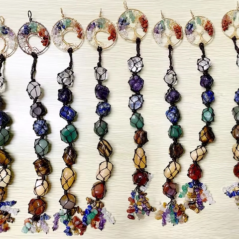 Handmade 7 Chakra Tree Of Life Hanging Ornament Natural Crystal Stones Braided Rope Wall Decor For Home Car Spiritual Gift