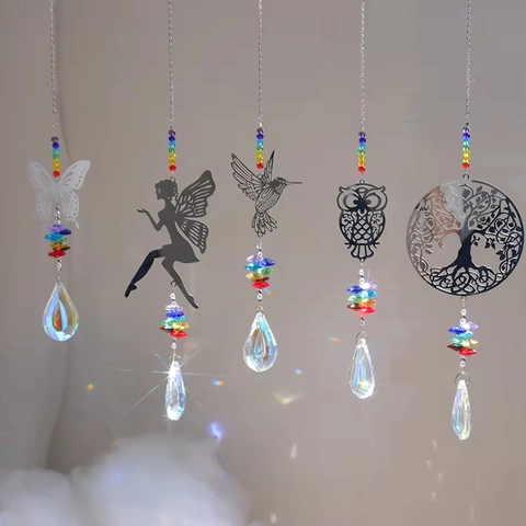 Crystal Suncatcher Rainbow Maker Hanging Window Decoration Metal Butterfly Fairy Tree Owl Prism Garden Decor
