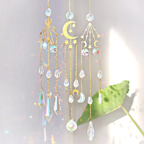 Crystal Suncatcher Hanging Ornament Moon Star Celestial Gold Metal Chain Prism Rainbow Maker Window Garden Boho Decor
