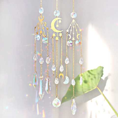 Crystal Suncatcher Hanging Ornament Moon Star Celestial Gold Metal Chain Prism Rainbow Maker Window Garden Boho Decor