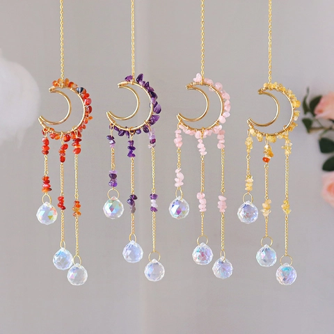 Handmade Moon Crystal Suncatcher Hanging Ornament With Natural Gemstone Gravel Moon Phase Wind Chime For Window Room Boho Home Decor