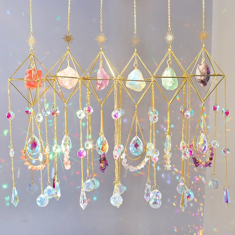 Geometric Gold Metal Suncatcher With Natural Gemstone And Crystal Prism Hanging Ornament Rainbow Maker For Window Garden Decor