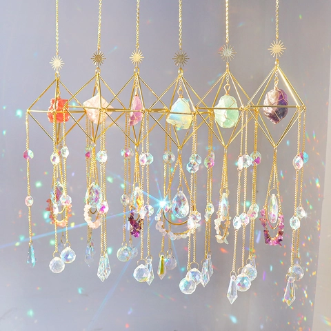 Geometric Gold Metal Suncatcher With Natural Gemstone And Crystal Prism Hanging Ornament Rainbow Maker For Window Garden Decor