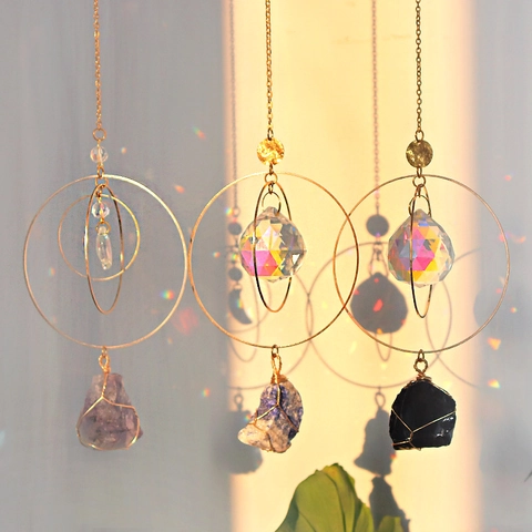 Handmade Crystal Moon Suncatcher Prism Light Catcher Gold Metal Geometric Hanging Decor With Natural Raw Stone For Home Car Window