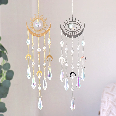 K9 Crystal Suncatcher Hanging Wind Chime Metal Sun Moon Celestial Ornament For Garden Window Home Decor Rainbow Maker Gift