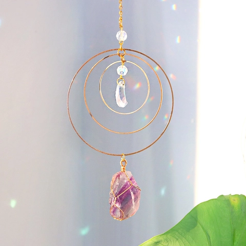 Handmade Crystal Moon Suncatcher Prism Light Catcher Gold Metal Geometric Hanging Decor With Natural Raw Stone For Home Car Window