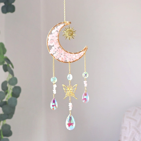 Moon Crystal Suncatcher Rose Quartz Crushed Stone Butterfly Sun Pendant Wind Chime Boho Home Garden Hanging Window Decor