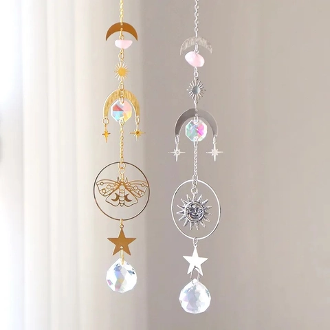 Bohemian Crystal Suncatcher Hanging Ornament With Moon Sun Star Butterfly Celestial Aesthetic Window Garden Decor