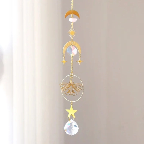 Bohemian Crystal Suncatcher Hanging Ornament With Moon Sun Star Butterfly Celestial Aesthetic Window Garden Decor