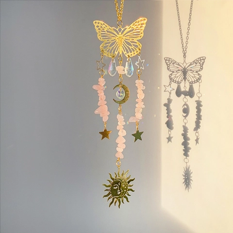 Schmetterling Sonnenfänger Kristall Anhänger Gold Metall Stern Mond Sonne Prisma Suncatcher Fenster Haus Garten Deko Geschenk