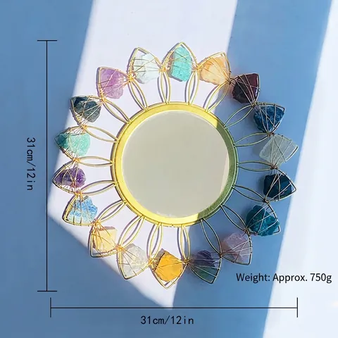 Decorative Wall Mirror Natural Crystal Stone Metal Golden Sunburst Shape Round Boho Healing Art Glass Home Decor