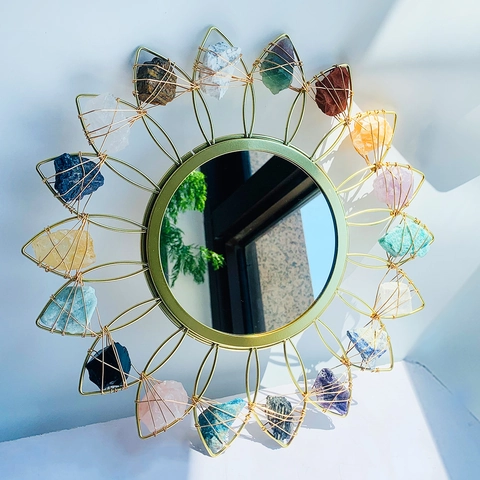 Decorative Wall Mirror Natural Crystal Stone Metal Golden Sunburst Shape Round Boho Healing Art Glass Home Decor