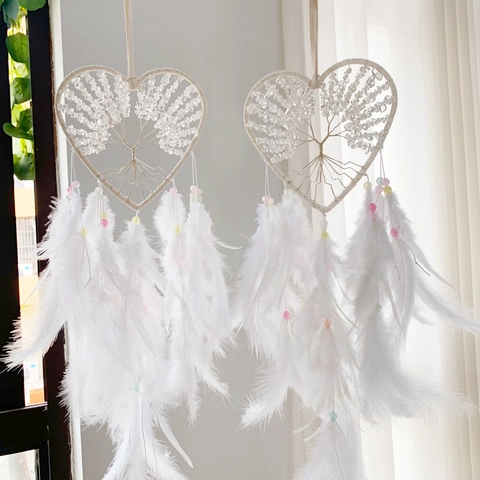 Acchiappasogni A Cuore Decorazione Parete Piume Bianche Cristallo Albero Della Vita Fatto A Mano Boho Ornamento