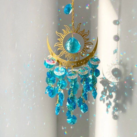 Crystal Sun Moon Suncatcher Hanging Ornament Gold Metal Frame Glass Prism Rainbow Maker Celestial Bohemian Window Home Decor Gift