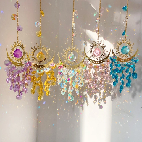 Crystal Sun Moon Suncatcher Hanging Ornament Gold Metal Frame Glass Prism Rainbow Maker Celestial Bohemian Window Home Decor Gift