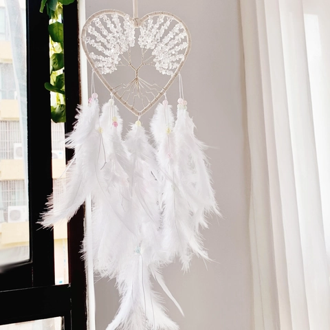 Acchiappasogni A Cuore Decorazione Parete Piume Bianche Cristallo Albero Della Vita Fatto A Mano Boho Ornamento