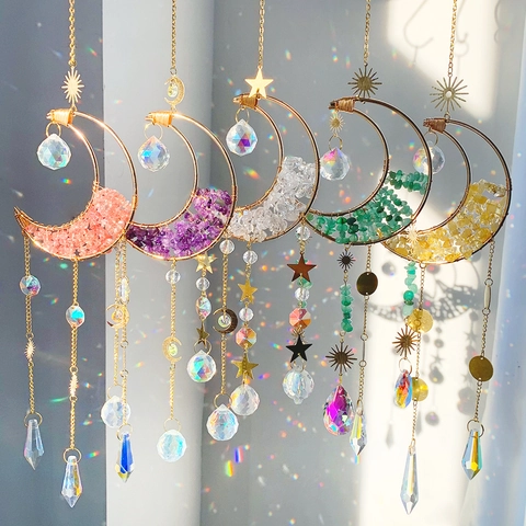 Handgefertigter Kristall Mond Suncatcher Hängeornament Mit Metalldraht Umwickelten Natursteinen Prisma Regenbogen Haus Garten Deko