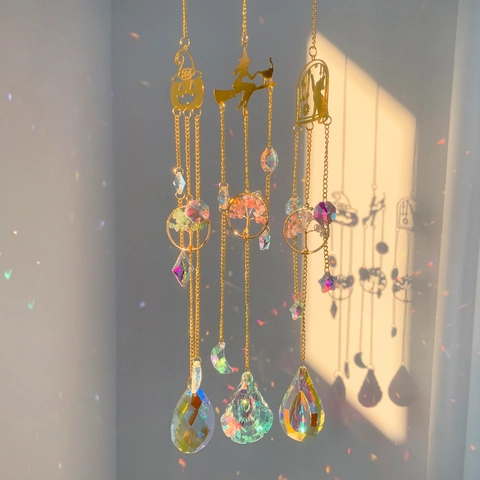 Crystal Suncatcher Hanging Ornament With Metal Tree Of Life Natural Stone Prisms Rainbow Maker For Window Halloween Decor