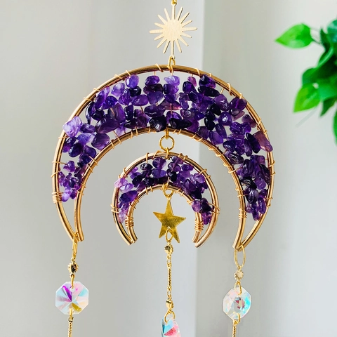 Moon Suncatcher Natural Amethyst Rose Quartz Crystal Prisms Metal Hanging Ornament Bohemian Home Decor Gift Window Art