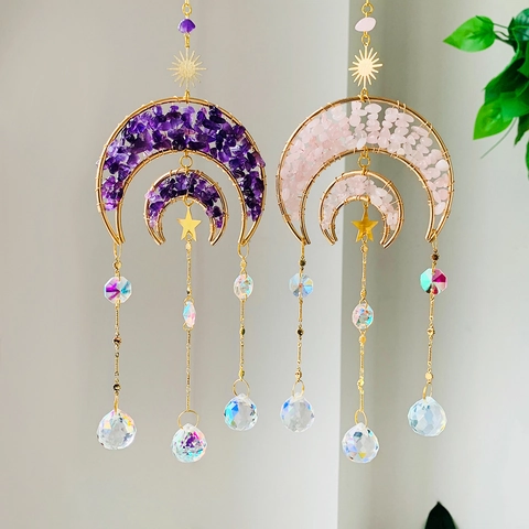 Moon Suncatcher Natural Amethyst Rose Quartz Crystal Prisms Metal Hanging Ornament Bohemian Home Decor Gift Window Art