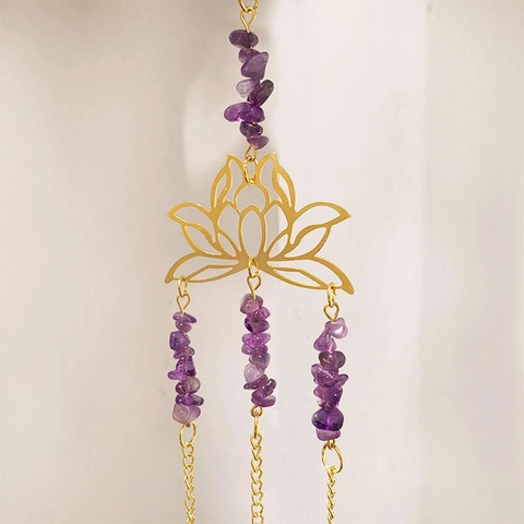 Amethyst Crystal Suncatcher Lotus Wind Chime Golden Metal Hanging Ornament For Window Garden Wall Decor Rainbow Maker