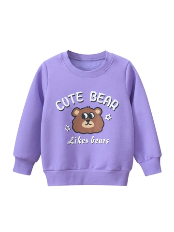 Sweat-shirt Violet Pour Filles Doublé de Polaire Col Rond Manches Longues Imprimé Ours Pull Décontracté Automne Hiver Top