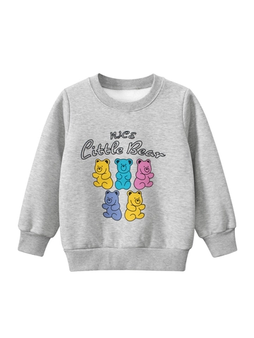 Felpa da Bambina Foderata in Pile con Stampa Orso Cartone Animato Manica Lunga Grigio Mélange Autunno Inverno Caldo Pullover