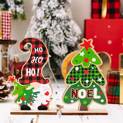 Décoration de Table de Noël en Bois Nain et Sapin de Noël Carreaux Buffalo Ornements de Bureau pour Maison Fête