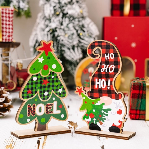 Décoration de Table de Noël en Bois Nain et Sapin de Noël Carreaux Buffalo Ornements de Bureau pour Maison Fête