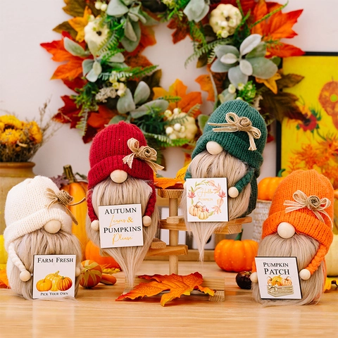 Autumn Harvest Gnome Decorations Thanksgiving Plush Elf With Knitted Hat And Pumpkin Sign Rustic Farmhouse Ornaments For Home Decor Fall Gift